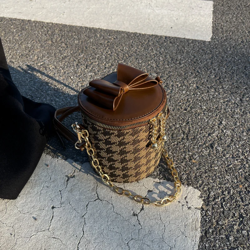

Fashion Durable Foreign Style Small Female Fashion Leopard Pattern Bucket Bag Thousand Bird Lattice Chain Single