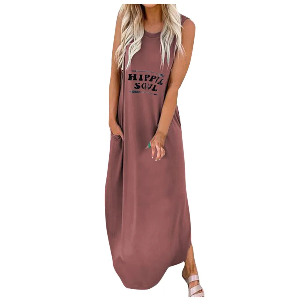 

2020 New ummer Dress Women Sleeveless Letter Print Fashion O-Neck Floor Length Dress Dropshipping#GH