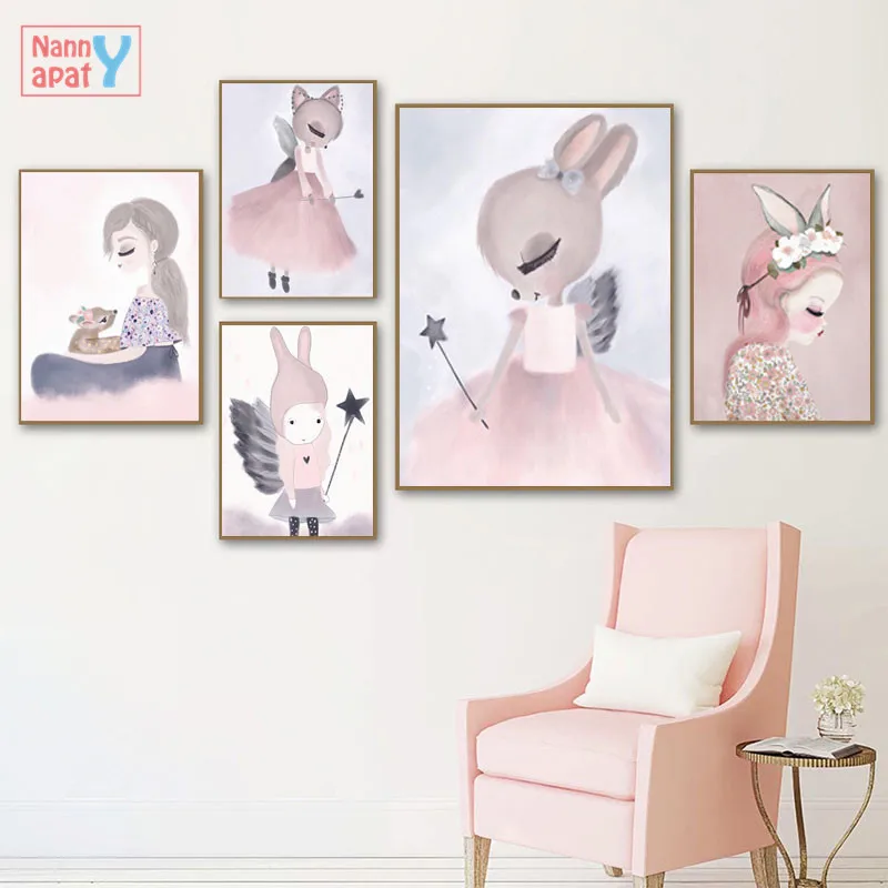 Акварельные рисунки мультфильм единорог олень кролик девушка рисунок на холсте