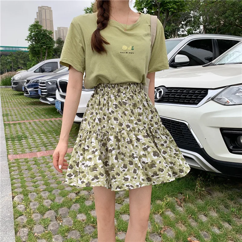

Skirt summer 2021 sweet floral high waist skirt beach casual fashion stitching print loose A-line skirt