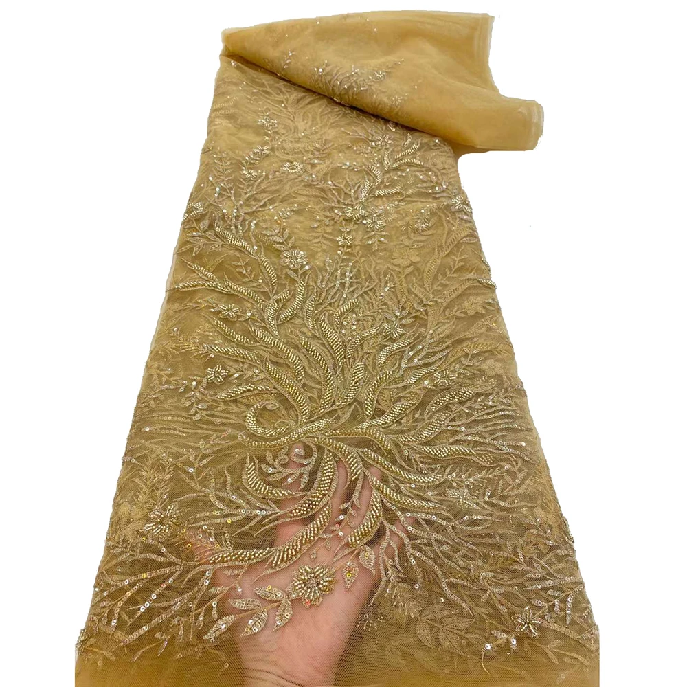 

Luxury Gold Nigerian Bridal Sequence Pearl French Mesh Organza High Quality African Heavy Handmade Beaded Sequins Lace Fabric