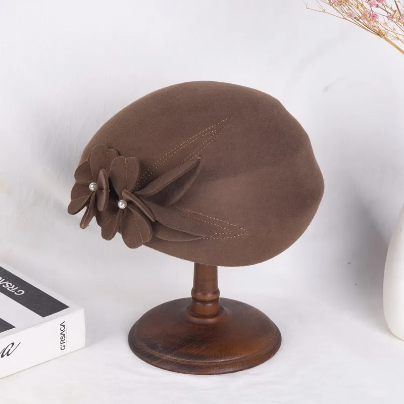 Леди Модная Шляпа Стюардессы Шик Художника Вечеринки Новая Федора Шапка Дамы 100% Австралийская Шерсть Фетра Цветочно-Жемчужный Берет ZZ-442 on.