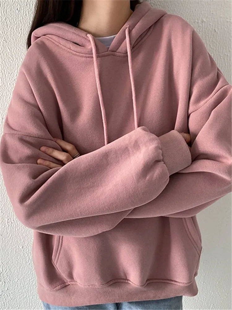

New Cashmere Thickened Small Korean Version For Women's Autumn And Winter 2020 Hoodie Little Height Pullover Solid Colour Cotton