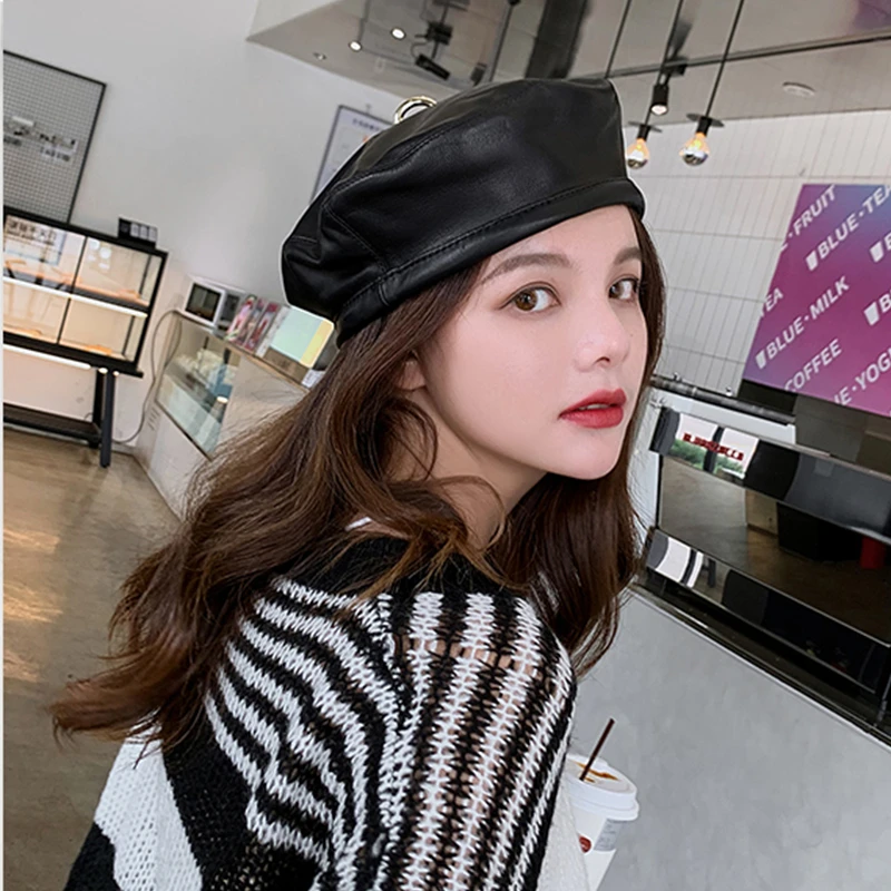 Женская шапка из натуральной кожи мягкий берет французского художника Модный