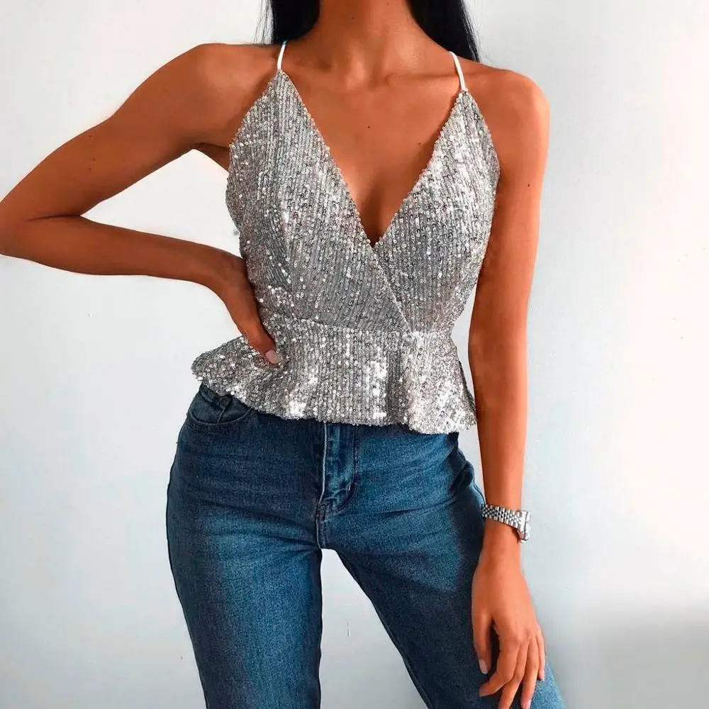 Сексуальный женский топ на бретелях с блестками и размера плюс s женские