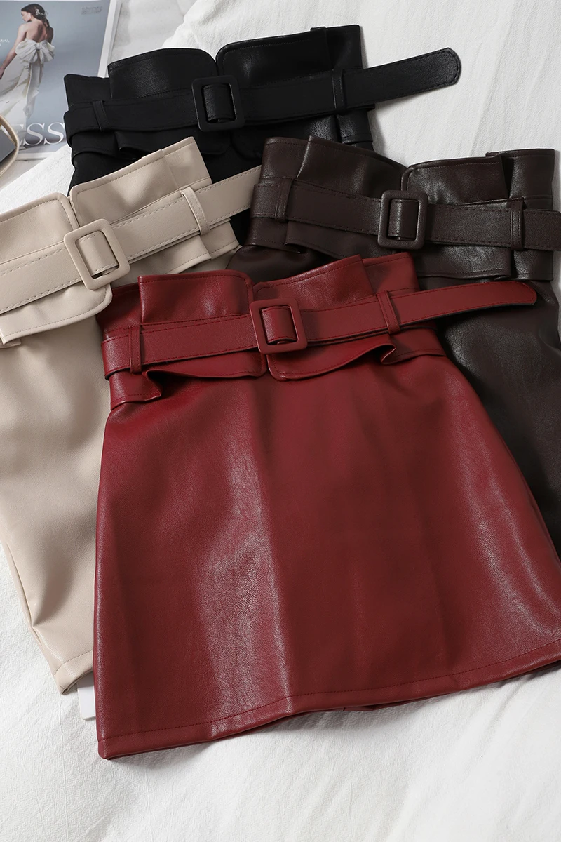 

2020 New Summer Women Skirts Korean Chic High Waist High Waist Back Waist Solid Color Female Fashion Pu Leather Skirt