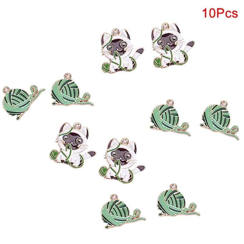 

10 шт./компл. подвески из металлического сплава с эмалью, вязаные шерстяные шармы-шарики, модные подвески в виде кошек и животных для изготовл...