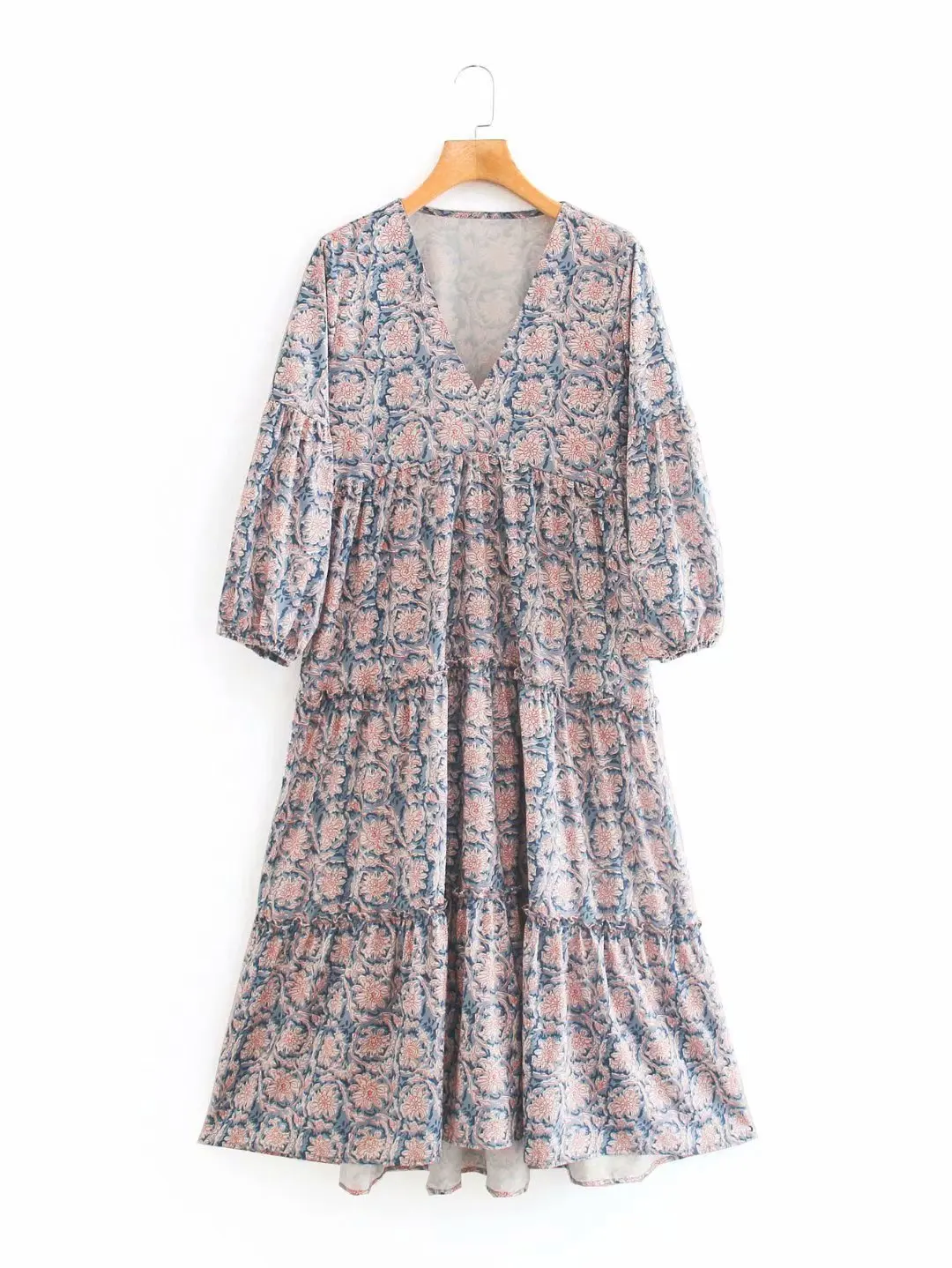 

New Retro printed V-Neck long sleeve loose long dress Bohemia beach skirt 2020 Spring Summer