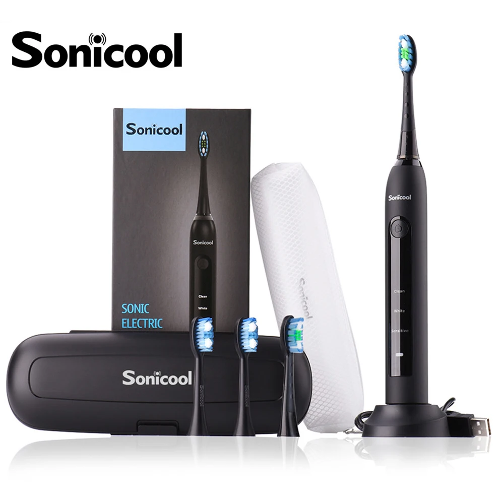 Sonicool 051B ультра звуковая электрическая зубная щетка USB перезаряжаемые зубные щетки с 4 шт. DuPont сменные головки
