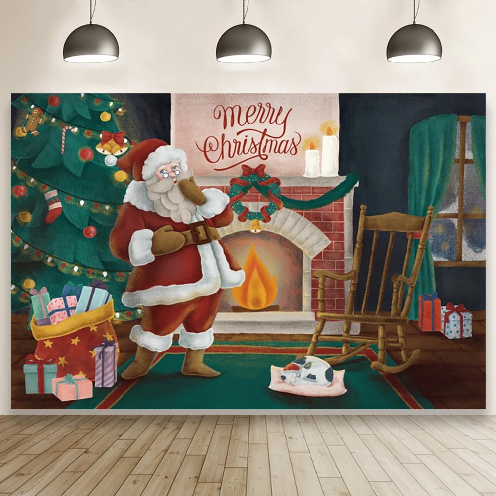 

Laeacco Cartoon Merry Christmas Background Santa Claus Gift fireplace Tree Baby Portrait Photographic Photo Backdrop