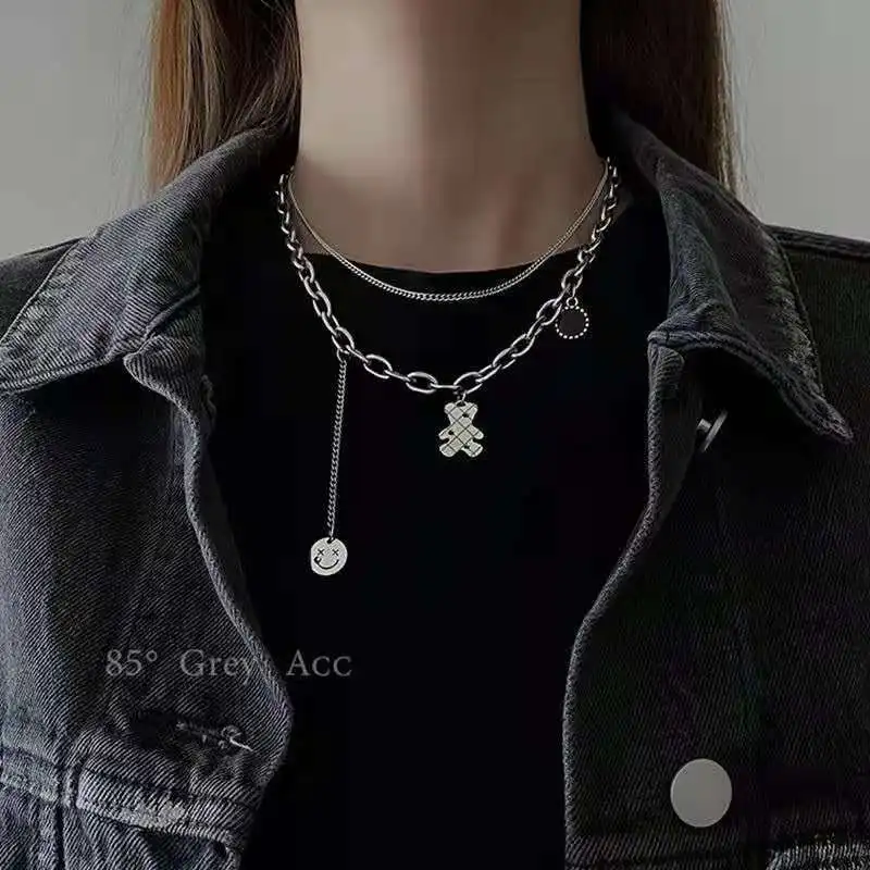 

Bear Smiley Multilayer Necklace for Women 2021 Vintage Style Men's Neck Long Chains Fashion Pendant Aesthetic Hip Hop Jewelry