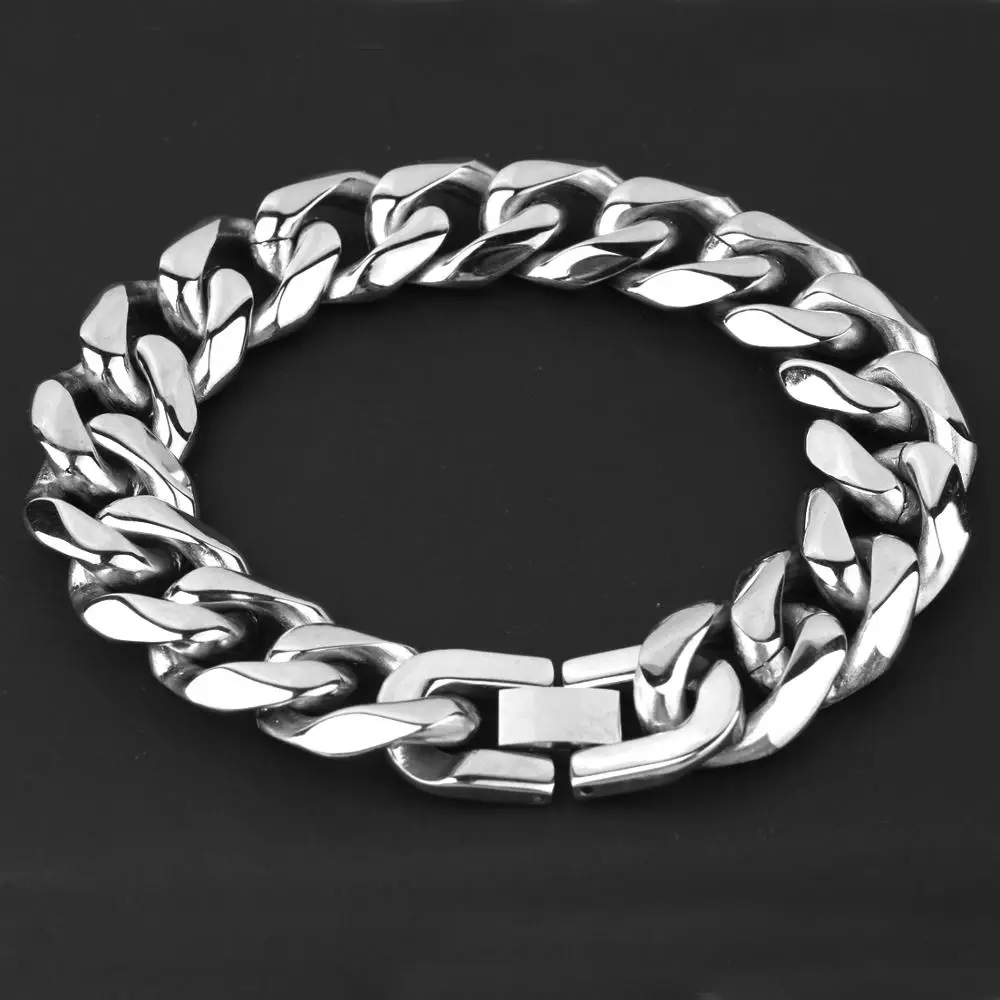 

15mm Vintage Silver Color Curb Cuban Bracelet For Men Stainless Steel 316L Link Chain Bracelets 7-11 inch