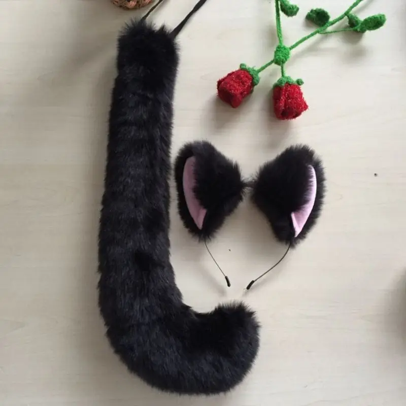 

Adult Kids Anime Solid Color Plush Cat Wolf Cosplay Props Animal Ears Bandana Long Tail Halloween Lolita Costume