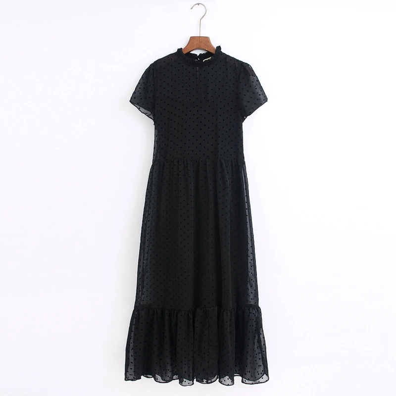 

Casual Women Dots Black Flocking Tulle Dress Ruffles Collar Short Sleeve Ladies Elegant midi Dresses Fashion Lace Vestidos 2020