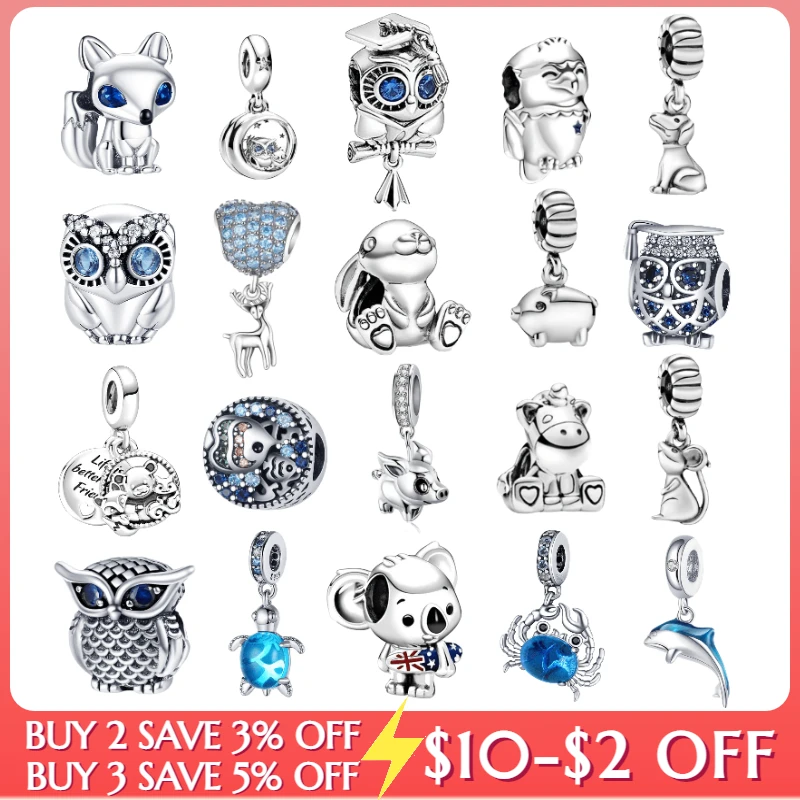 

100% 925 Sterling Silver Dog Fox Owl Animal Charms Blue CZ Charms Bead Fit For Pandora Bracelet DIY Jewelry Making Original