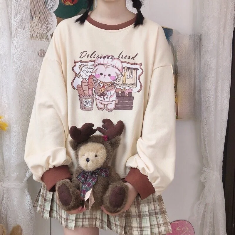 

Women Kawaii Anime Sweatshirt Soft Girl Pullover Cute Style Crew Neck Long Sleeve Loose Tops 2021 Female Fashion Korean Jumper