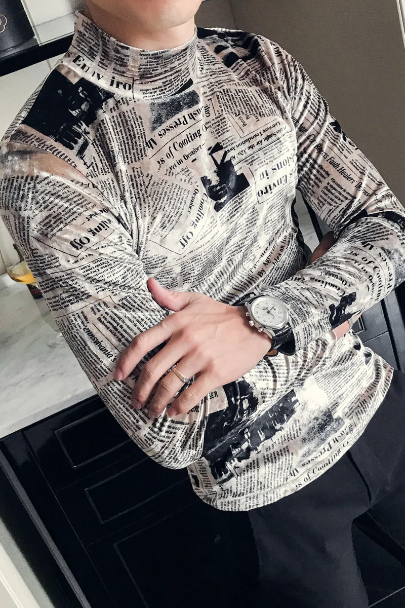 

Newspaper Turtleneck T-Shirt High Quality Men's Slim Velvet T-Shirt Men's Long Sleeve Fall Winter Royal Men's Club Party T-Shirt