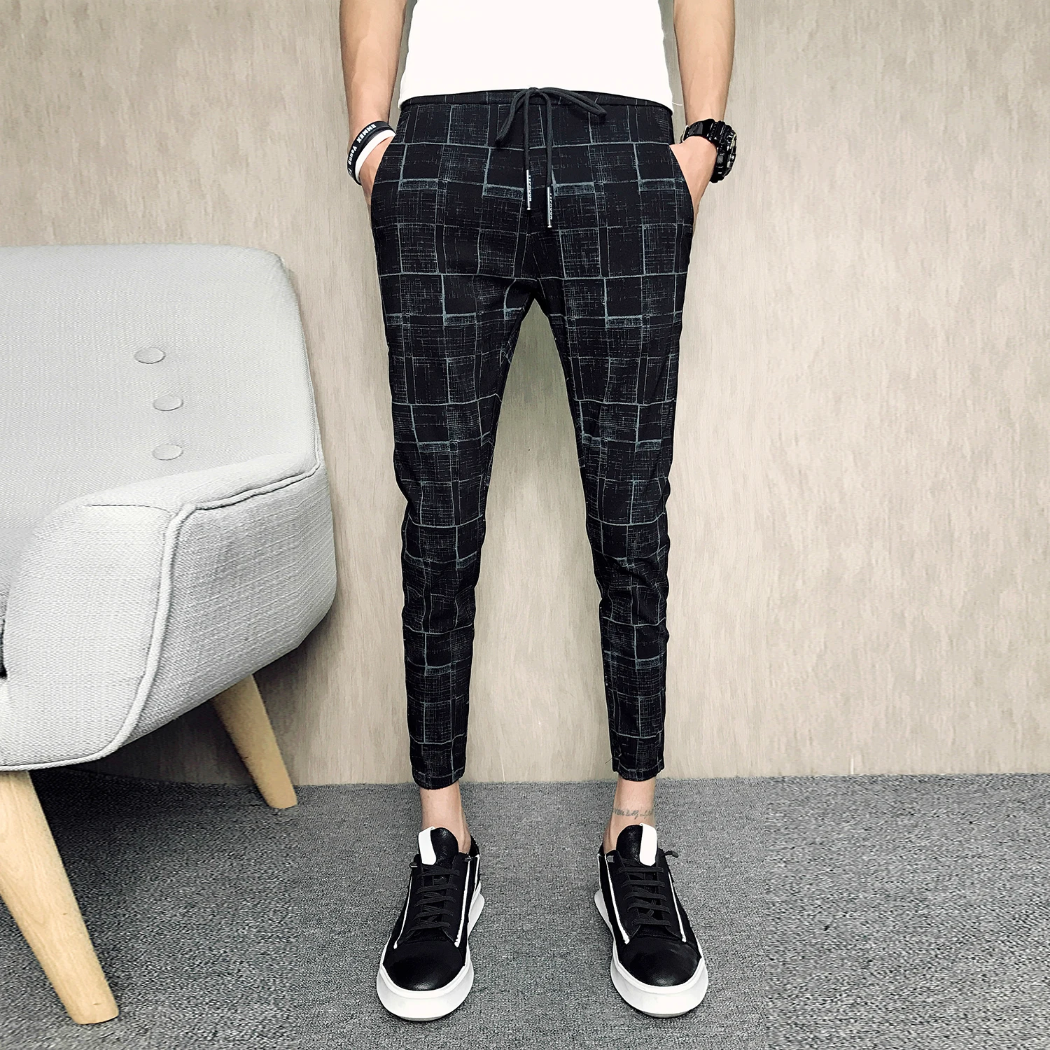 

Fashion 2021 Spring Summer New Plaid Pants Men Clothing Simple All Match Slim Fit Casual Boys Trousers Streetwear 34-28 Hot Sale