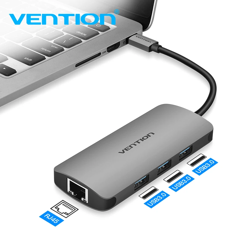 Vention USB C Ethernet адаптер usb-хаб 3 порта конвертер Тип C 3,0 USB к RJ45 Lan сетевая карта для Macbook USB Ethernet переключатель