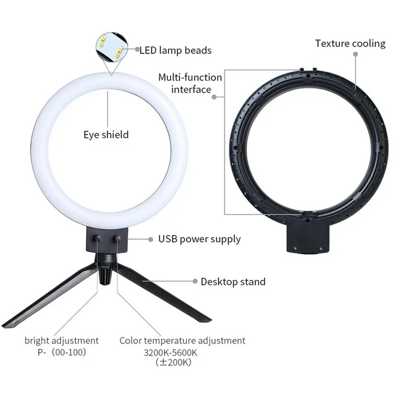 

Photography Infinite Dimming Double Color Temperature LED Ring Lamp with Mini Tabletop Tripod For Makeup Video Live Studio