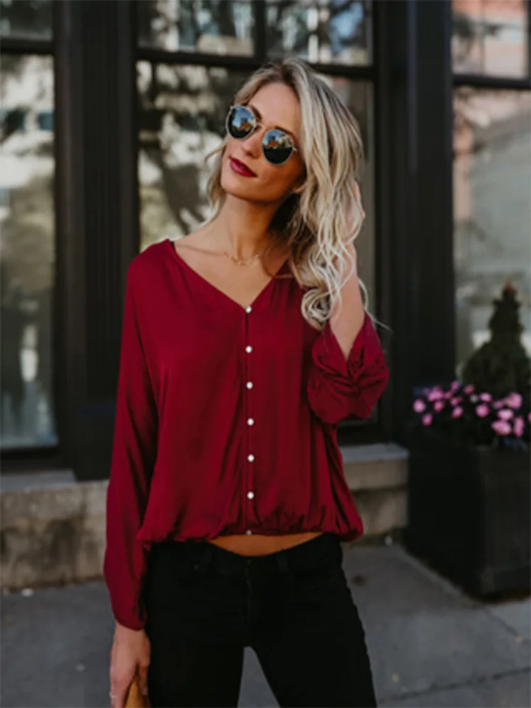 

2021 spring summer hot sale casual solid color V-neck long-sleeved bat sleeve loose pullover women's shirt