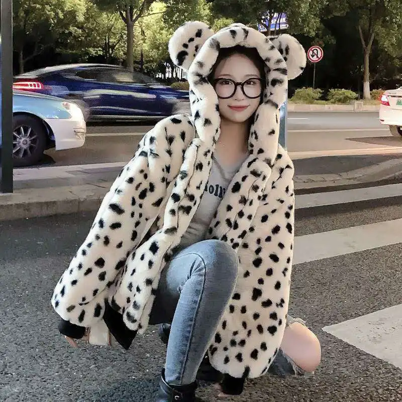 Fashion Sweet and Soft Thick Warm Jacket Women Streetwear Faux Fur Leopard Print Spotted Hooded Bear Ear Cute Plush Jacket