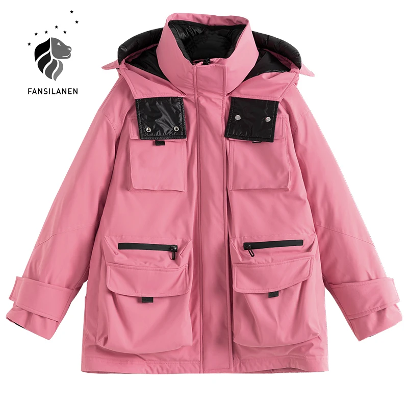 

FANSILANEN Pocket Worker Hooded Short Down Jacket Women Thermal Feather Strap Casaul Down Parka Female Puffy White Winter Coat
