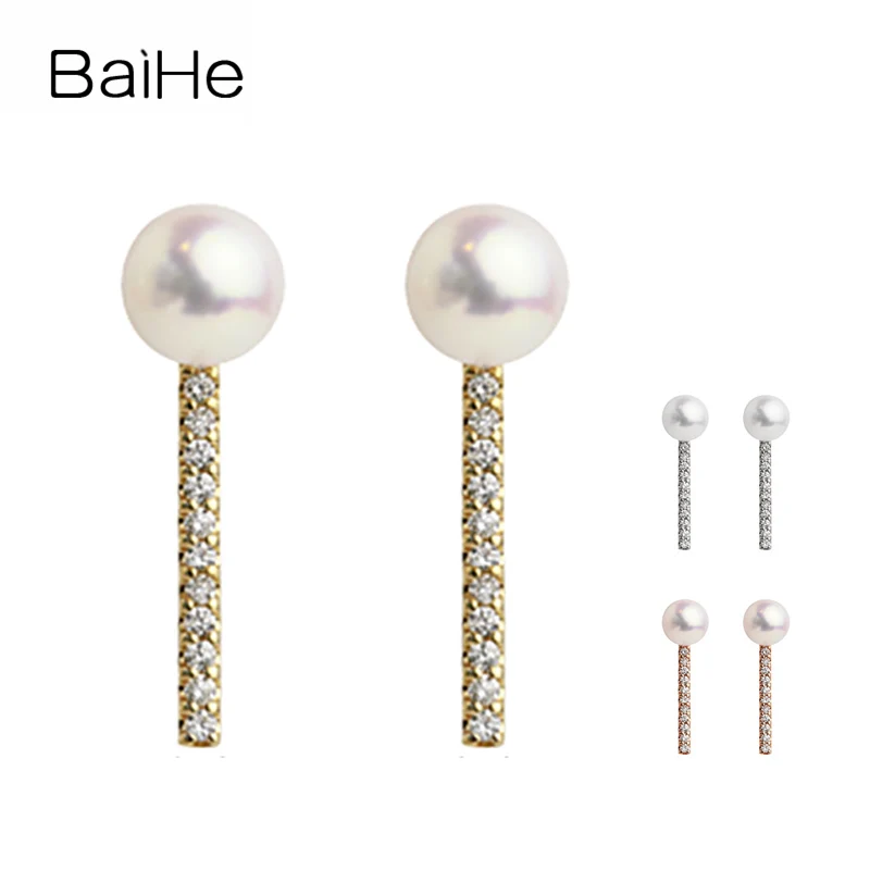 

BAIHE Solid 14K Yellow/White Gold Natural Freshwater Pearl Stud Earrings Women Wedding Trendy Fine Jewelry Making أقراط اللؤلؤ