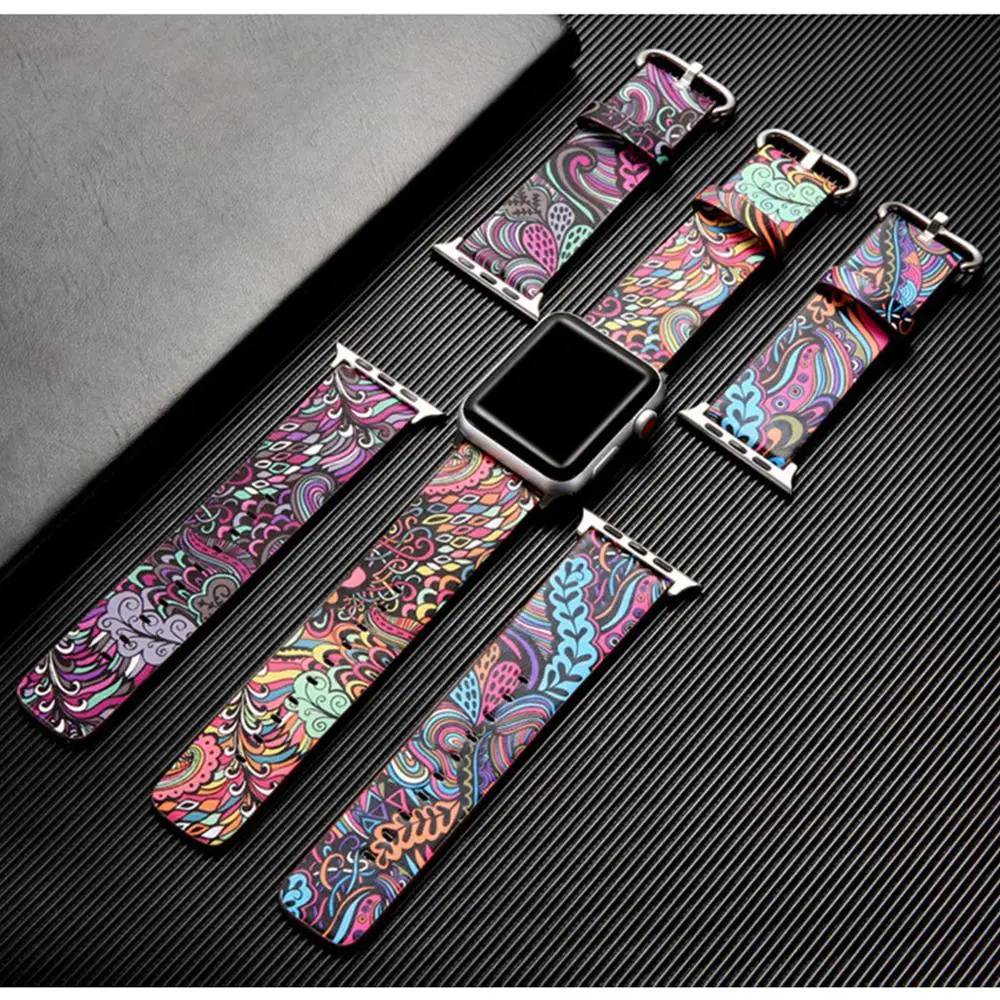 Кожаный ремешок для часов Apple Watch 44 мм 40 Iwatch 38 42 с цветочным принтом 5 4 3 мм|Ремешки