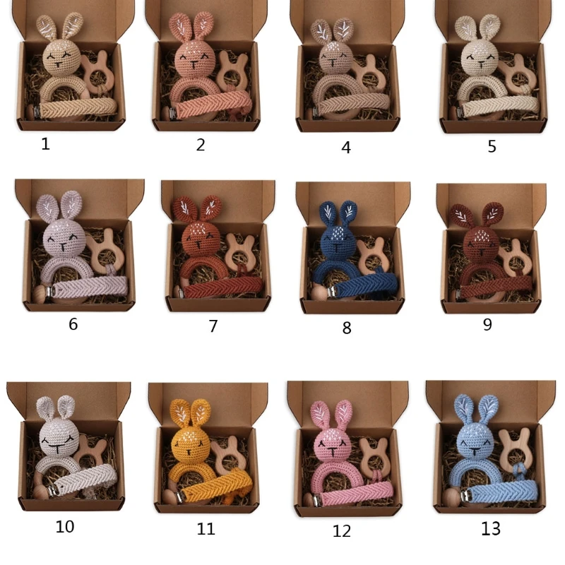 

1set Baby Teether Wooden Rabbit Stuffed Dol Mobile Pram Crib Ring Crochet Bunny Rattle Soother Pacifier Chain Clips Baby Stuff