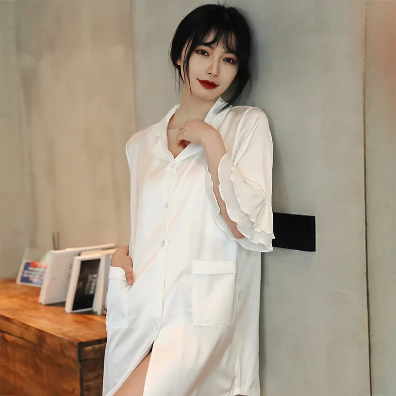 Атласная летняя новая Домашняя одежда ночная рубашка с расклешенными рукавами