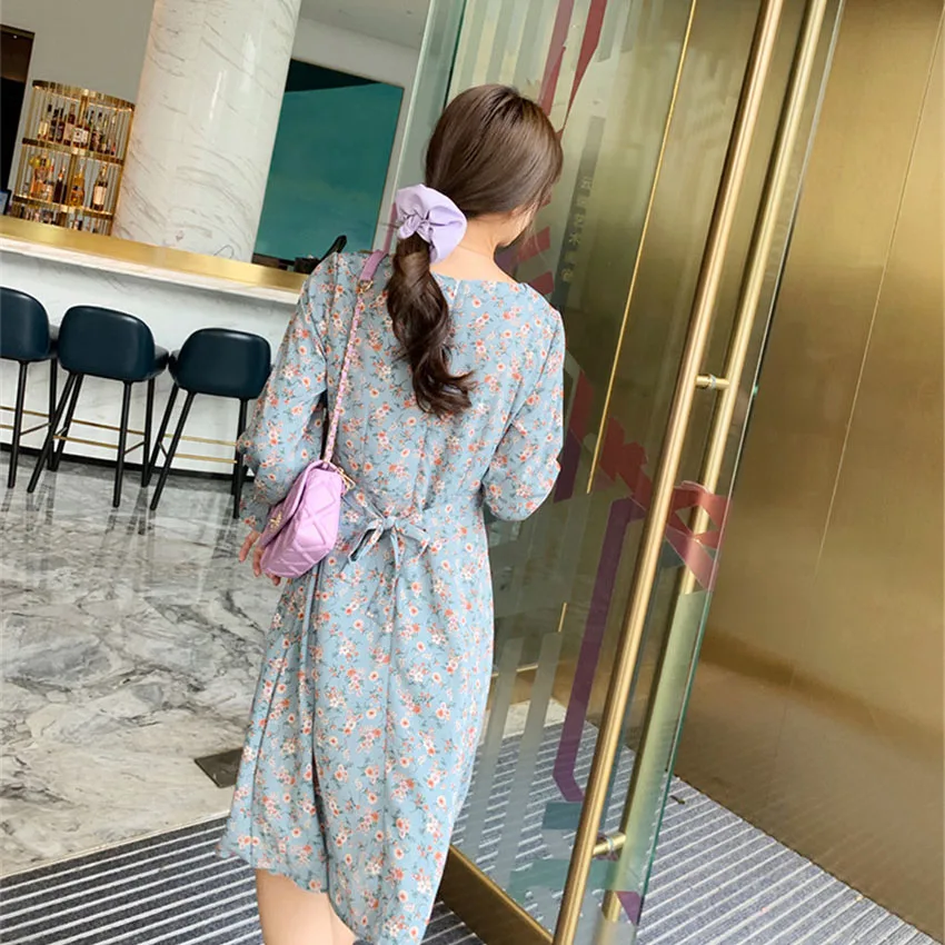 

French Style Vintage Floral Print Chiffon Dress Women Sexy U Neck Casual Long Sleeve Shirt Dress Midi Spring Autumn Dresses