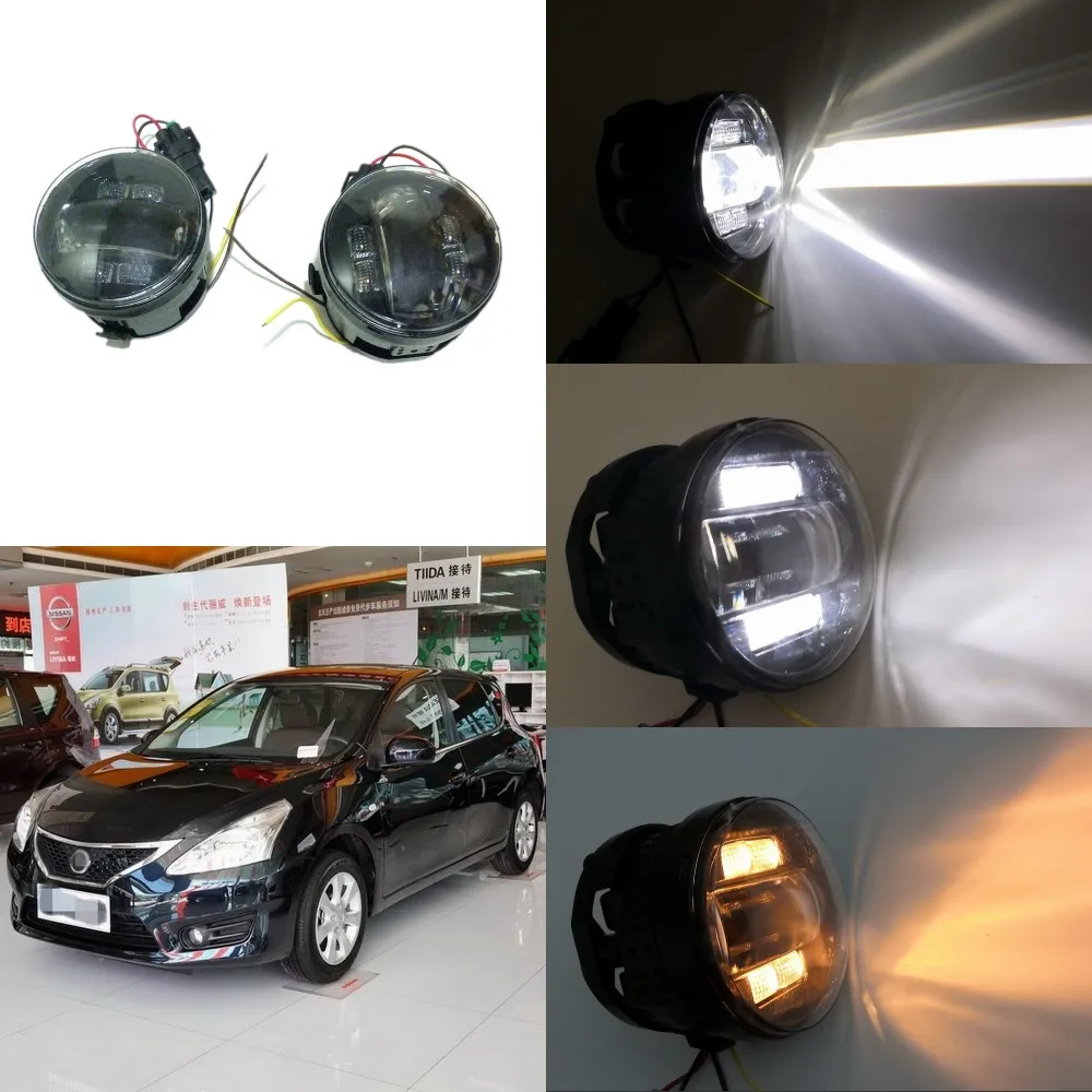 

July King 6000k 3000LM LED Fog Lamp Case for Nissan Tiida 2007-2013, 20W Lens Fog Lamp + 6W White DRL+ 4W Yellow Turn Signals