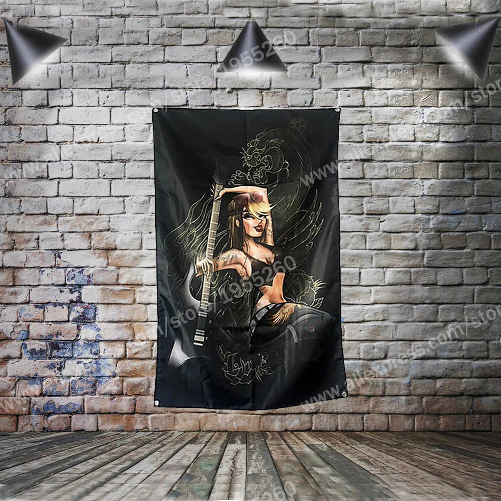 Музыкальная гитара флаг Татуировка Banner сексуальная леди красота и искусство