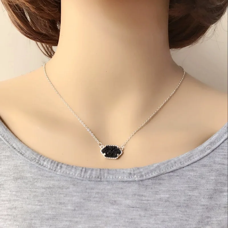 S black 20 опций Druzy Кулон из друзы ожерелье Шестигранная Смола Druse Серебро Золото Цвет цепи воротник модный бренд ювелирные изделия для женщин девушка подарок - Окраска металла: S black