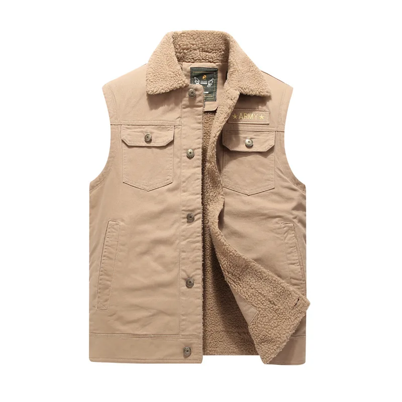 

Men cotton cashmere vest plus size warm middle-aged elderly loose tooling Sleeveless Jacket fleece windproof Ripped Vest