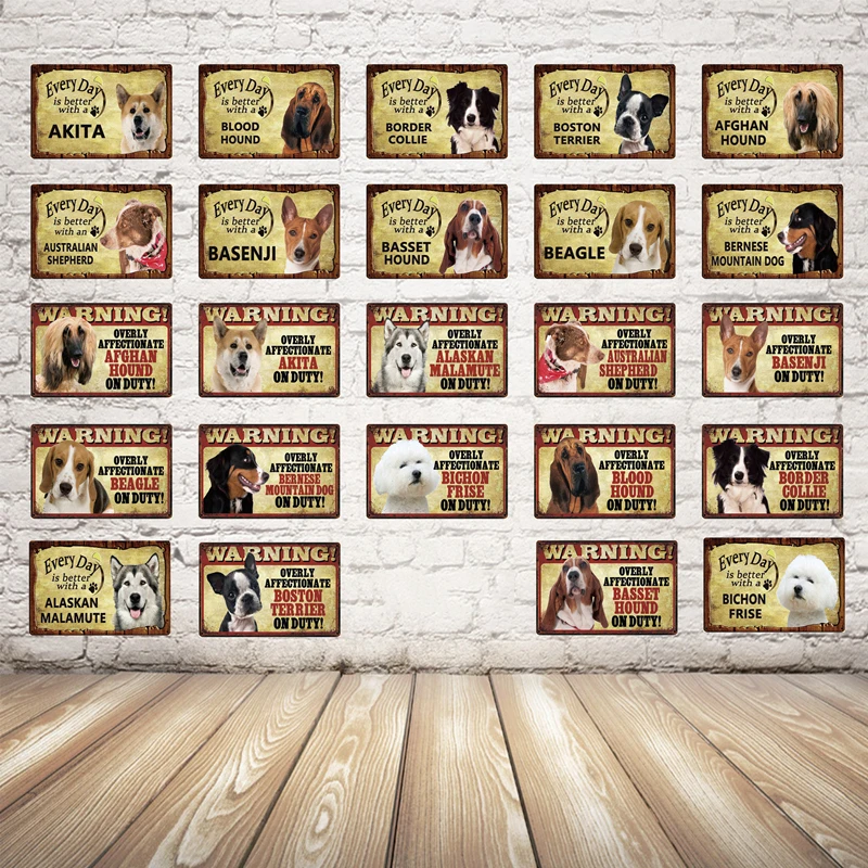 

Dog Warning Tin Sign Pastoral Lovely Pets Dog Metal Plaques Corgi Akita Beagle Plaque Plate Club Classical Retro Painting Home