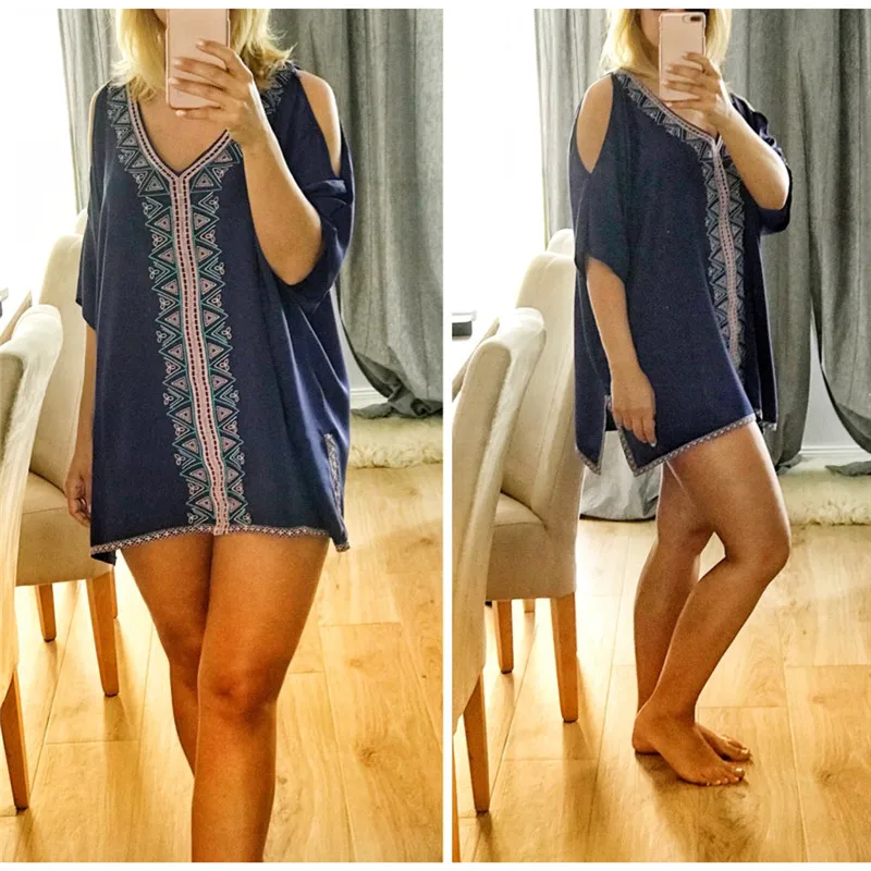 Женское летнее пляжное платье хлопковое с открытыми плечами сексуальное синее