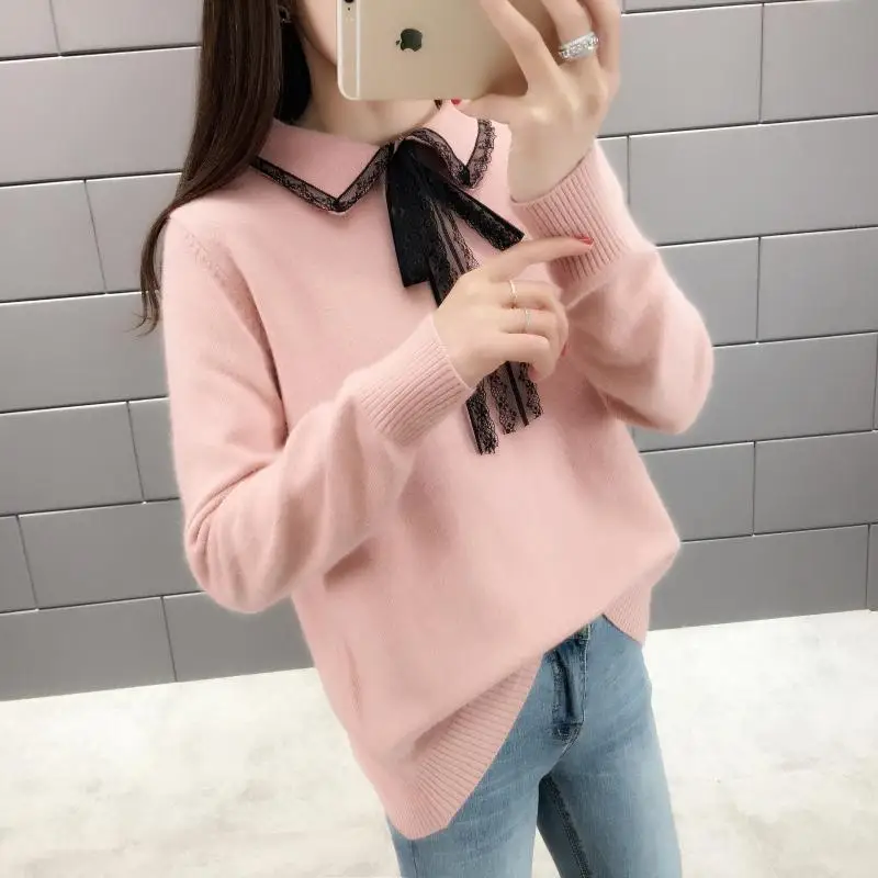

ZITY Korean Fashion Clothing Women Casual Pullover And Sweaters Turn Down Collar Knit Pull Jumpers Bow Lace Sweater Ladies Tops