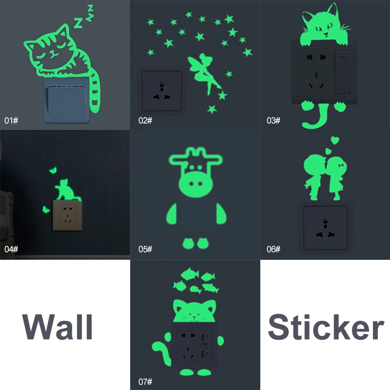 

Cartoon Luminous Switch Sticker Glow In The Dark Wall Stickers Home Decor Kids Room Decoration Sticker Decal Cat Fairy Home