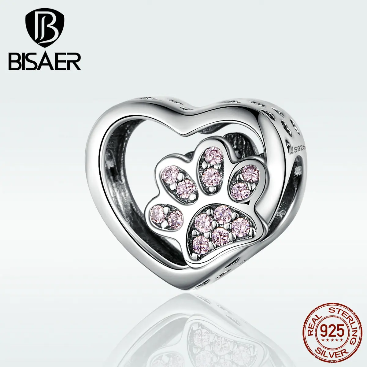 BISAER, бусины в виде животных, любовь, 925 пробы, серебро, собака, кошка, следы, талисманы, подходят для розовых цирконовых браслетов, сделай сам, изготовление ювелирных изделий ECC1191