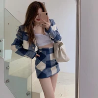 sexy high waist mini plaid skirt retro contrast notched cardigan tops long sleeve blue plaid woolen jacket short elegant korean
