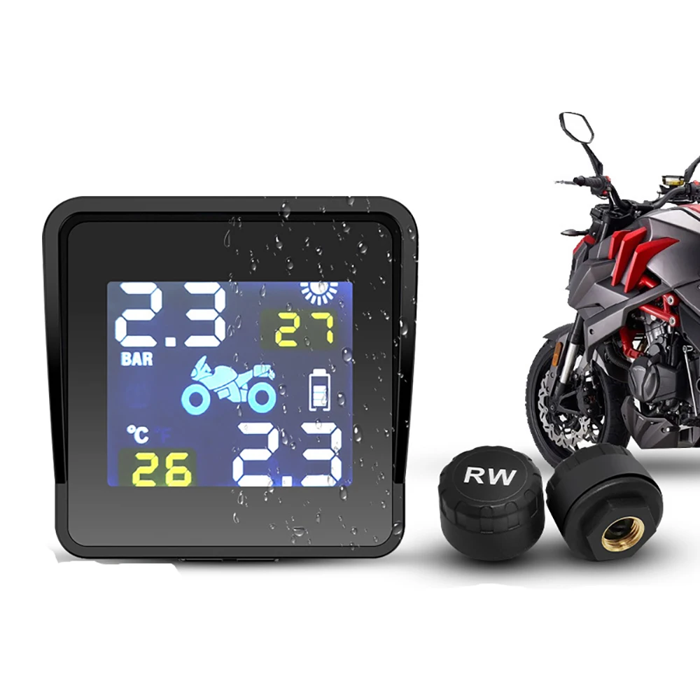 

Motorcycle TPMS Tire Pressure Monitor System Tyre Monitor Alarm System 2 External Or Internal Sensor Solar Charging LED Display