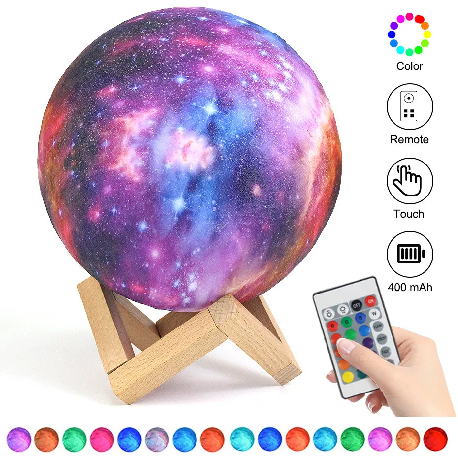 3D LED Moon Lamp Galaxy Kids Night Light USB Charging Touch Switch 16 Colors Dimmable with Remote Control for Home Decoration