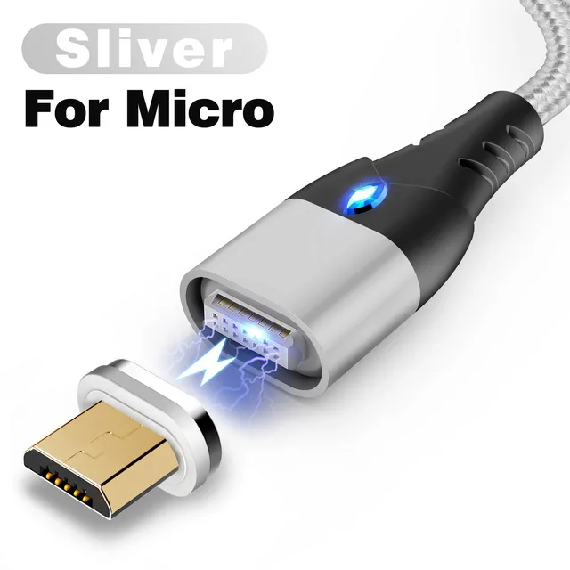 For Micro USB Sliver GETIHU 2 м Магнитный кабель Быстрый 3A для iPhone XS samsung зарядное устройство Quick Charge 3,0 Micro usb type C Магнитный шнур для зарядки телефона - Цвет: For Micro USB Sliver