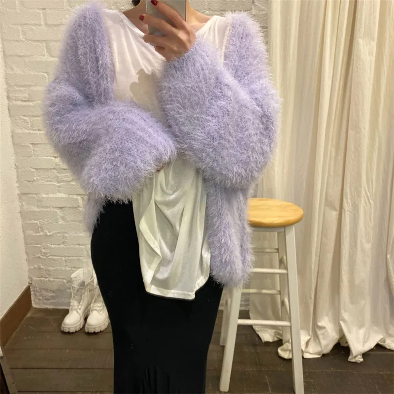 Женский кардиган с рукавами-фонариками повседневный однотонный пушистыми