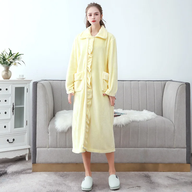 Nightdress Women Autumn and Winter Thickening and Lengthening Bathrobe Turn Down Collar Solid Color Robe De Chambre Femme