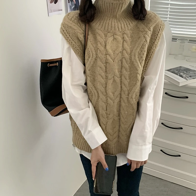 

Autumn Winter Turtleneck Sweater Vest Women Fashion Twist Pattern Pullover Knitted Vest Waistcoat Casual Loose Sleeveless Tops