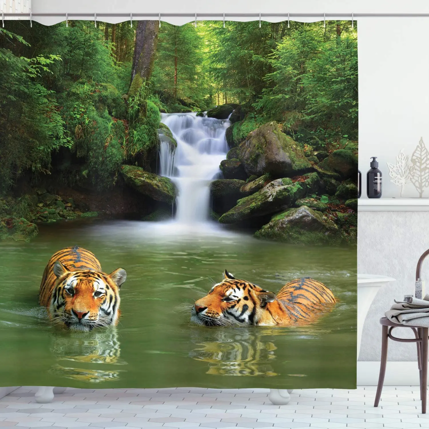

Animal Shower Curtain Siberian Tigers in Water Waterfall Pool Woodland Swimming Natural Cloth Fabric Bathroom Decor with Hooks