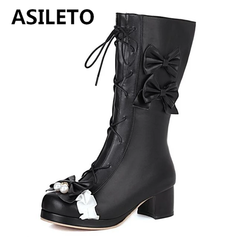 

ASILETO Woman's Mid-Calf Boots Kozaki damskie Square Toe Chunky Heels Zipper Lace-Up Bowtie Platform Big Size 30-48 Autumn S2708